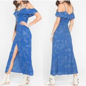 Sage The Label Blue Off-Shoulder Maxi Dress with Paisley Print